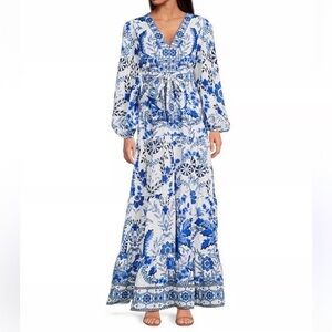 A Loves A Blue Linen Blend Floral Tapestry Tie Waist Long Sleeve Maxi Dress NWT